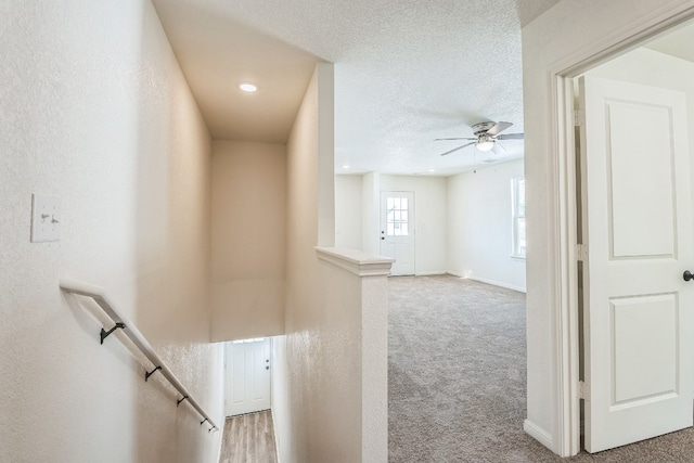 hall featuring carpet and a textured ceiling