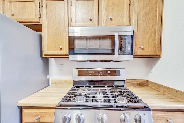 kitchen with light brown cabinetry and appliances with stainless steel finishes