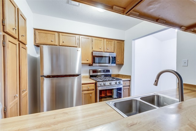 kitchen featuring butcher block countertops, sink, and stainless steel appliances