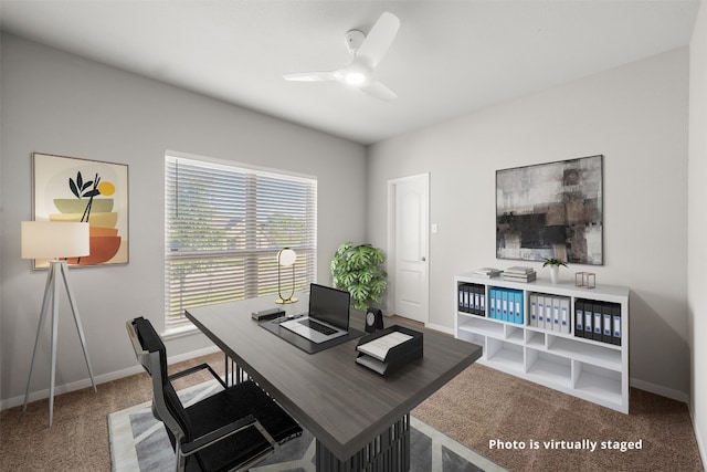 office space featuring ceiling fan and carpet floors