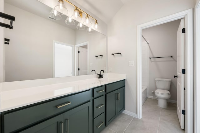 full bathroom featuring tile patterned flooring, vanity,  shower combination, and toilet