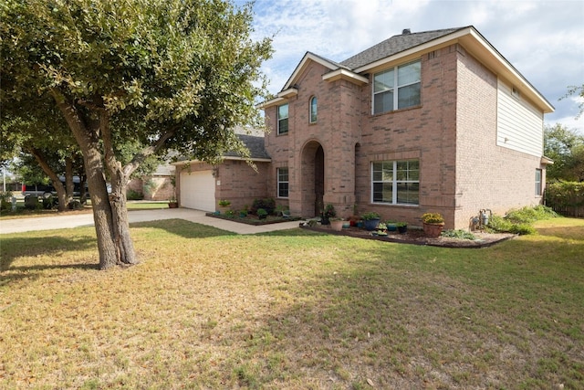 2603 White Stallion Way, Leander, TX 78641 - traditional-style house with brick siding, driveway, a front yard, and an attached garage