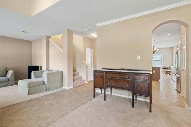 2603 White Stallion Way, Leander, TX 78641 - hallway with light tile patterned flooring, arched walkways, stairs, a chandelier, and ornamental molding