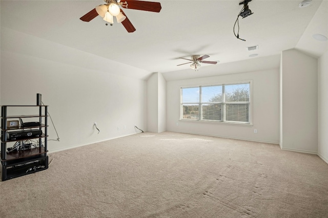 2603 White Stallion Way, Leander, TX 78641 - unfurnished living room featuring vaulted ceiling, ceiling fan, and light carpet