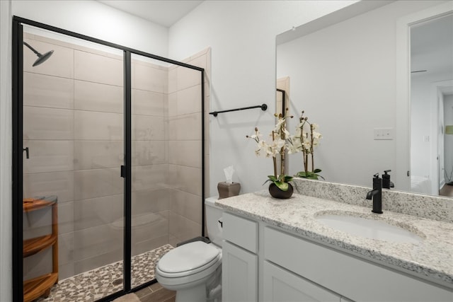 bathroom with hardwood / wood-style floors, vanity, toilet, and a shower with door