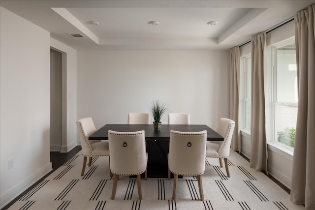 dining space with a raised ceiling