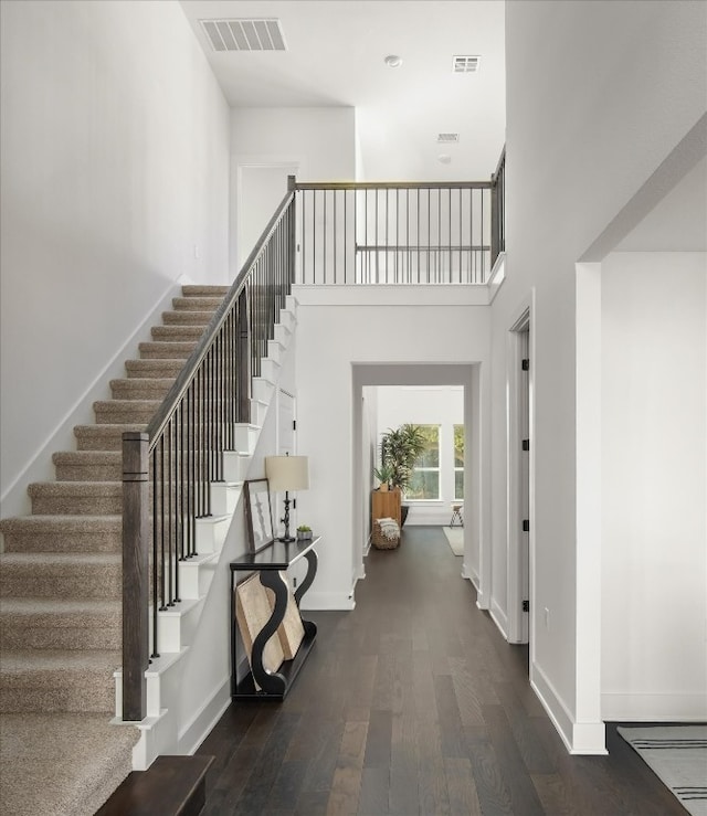 entryway featuring a high ceiling and dark wood-type flooring