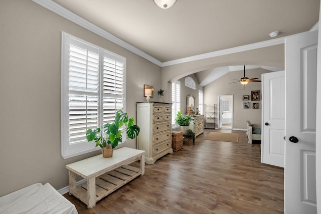 interior space with hardwood / wood-style flooring, ceiling fan, ornamental molding, and vaulted ceiling