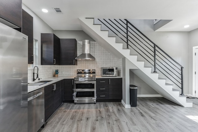 kitchen featuring backsplash, wall chimney exhaust hood, stainless steel appliances, and light wood-type flooring