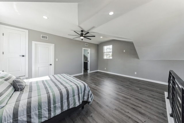 bedroom featuring lofted ceiling, ceiling fan, and dark hardwood / wood-style floors