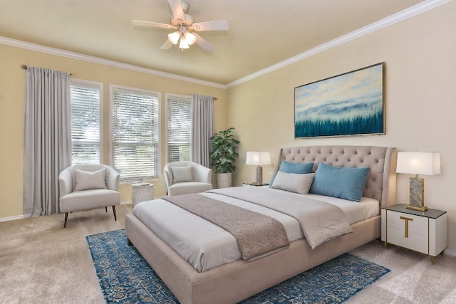 bedroom featuring light colored carpet, ceiling fan, and ornamental molding