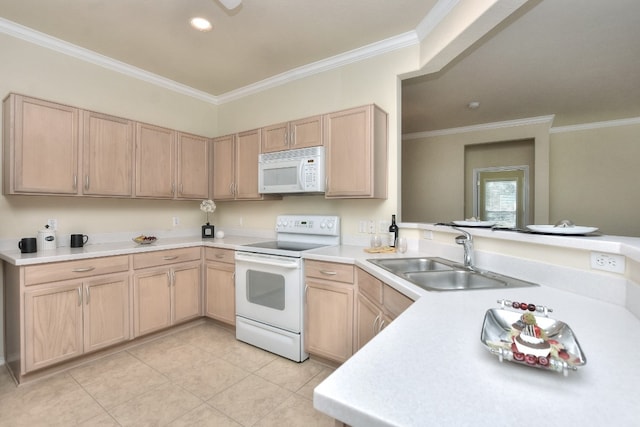 kitchen with kitchen peninsula, light brown cabinetry, white appliances, and sink