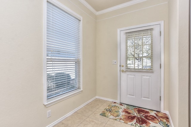 doorway to outside with light tile patterned floors, a wealth of natural light, and crown molding