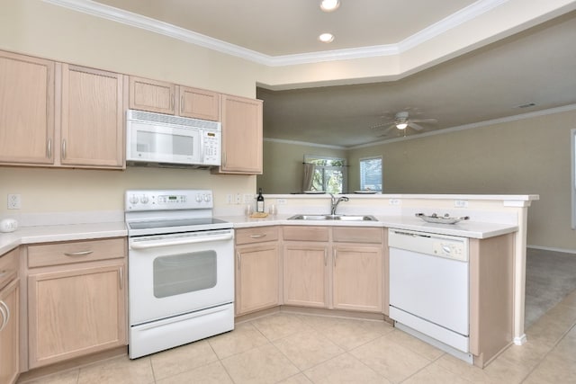 kitchen featuring sink, kitchen peninsula, white appliances, light brown cabinetry, and ornamental molding