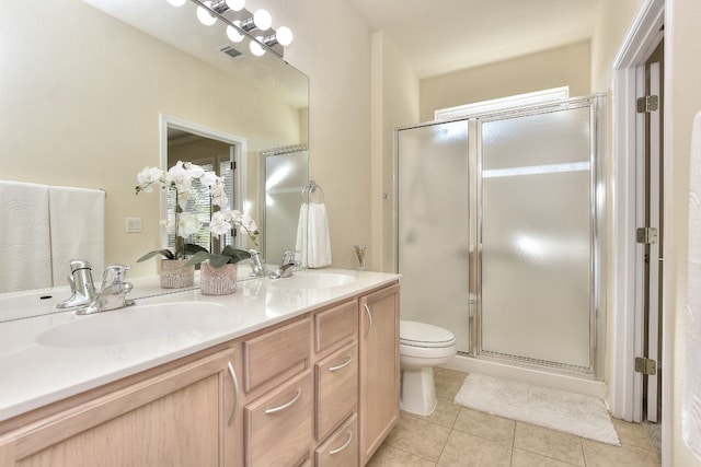 bathroom featuring tile patterned floors, vanity, toilet, and a shower with door