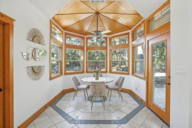 sunroom featuring ceiling fan and wood ceiling