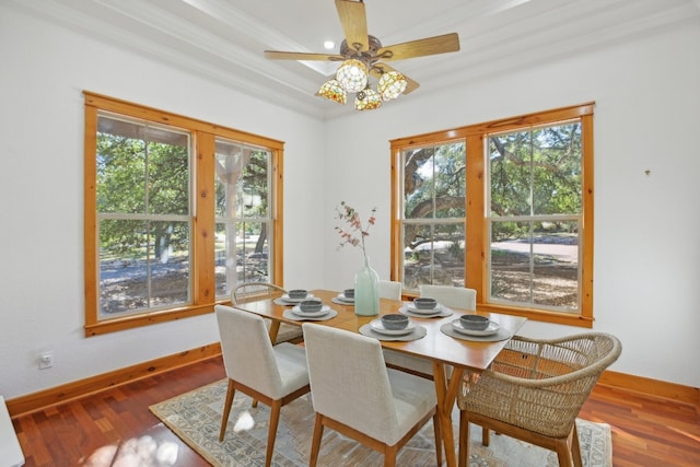 dining room with hardwood / wood-style floors, crown molding, ceiling fan, and a healthy amount of sunlight