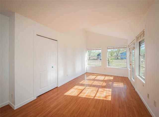 interior space with hardwood / wood-style floors and lofted ceiling