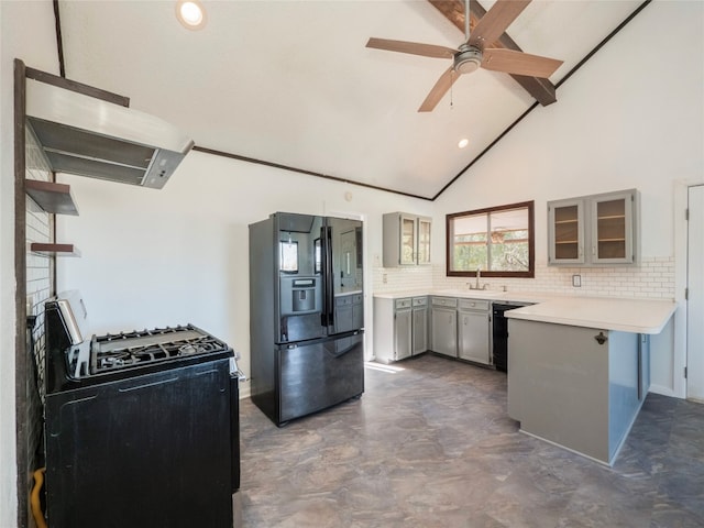 kitchen with black appliances, ceiling fan, gray cabinetry, and tasteful backsplash