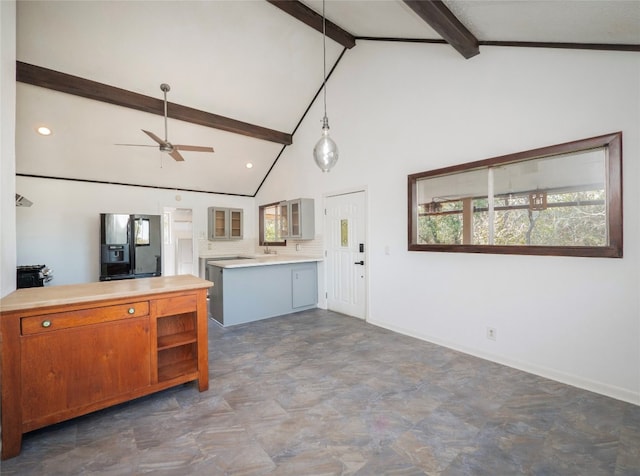 kitchen featuring backsplash, black fridge with ice dispenser, ceiling fan, high vaulted ceiling, and beamed ceiling