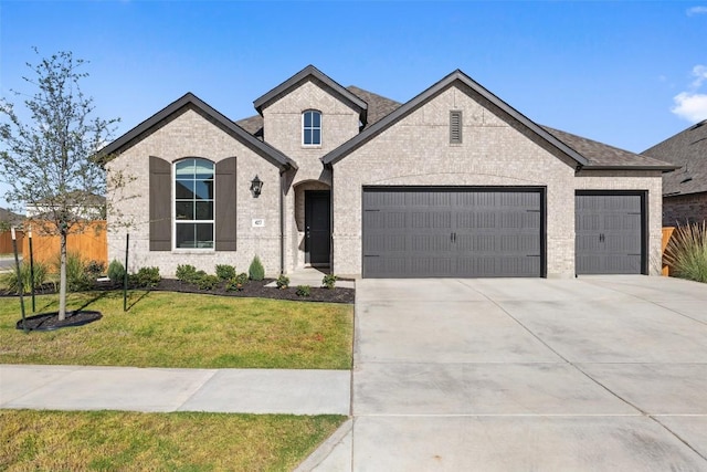 french provincial home featuring a garage and a front lawn