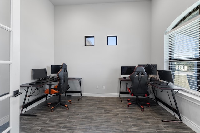 home office featuring dark wood-type flooring