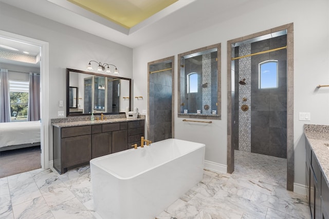 bathroom featuring a tray ceiling, vanity, and independent shower and bath