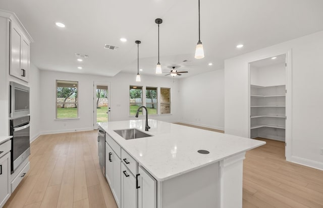 kitchen with appliances with stainless steel finishes, a sink, plenty of natural light, light wood-type flooring, and visible vents