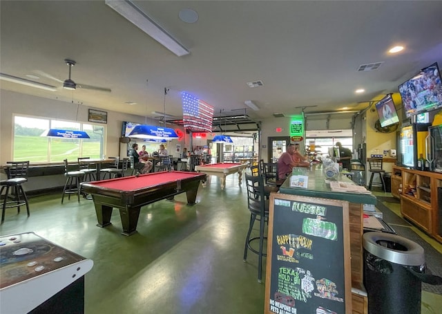 playroom featuring ceiling fan, concrete flooring, and billiards