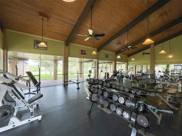 gym featuring high vaulted ceiling, ceiling fan, and wood ceiling