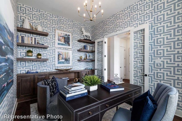 office featuring an inviting chandelier