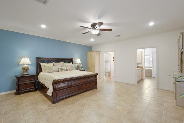 tiled bedroom featuring ensuite bath, ceiling fan, and ornamental molding