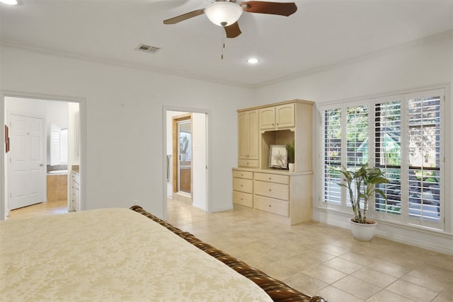 tiled bedroom featuring connected bathroom, ceiling fan, and crown molding