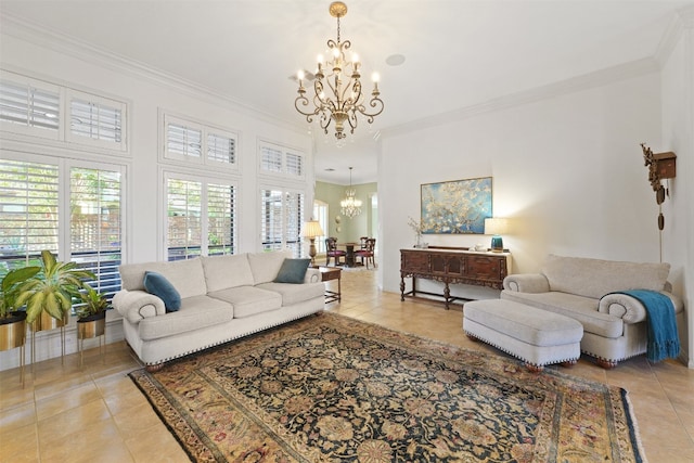 tiled living room with a notable chandelier and crown molding