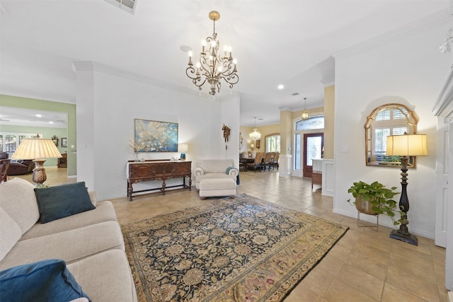 living room with ornamental molding, light tile patterned floors, and a notable chandelier