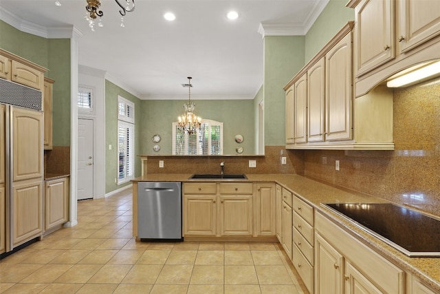 kitchen featuring crown molding, light brown cabinetry, and stainless steel dishwasher