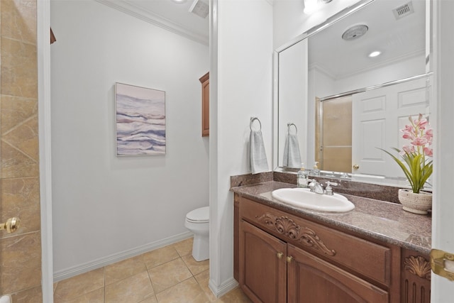 bathroom with tile patterned floors, crown molding, an enclosed shower, toilet, and vanity