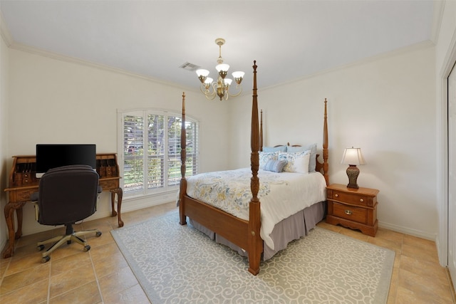 bedroom with crown molding, light tile patterned flooring, and a chandelier