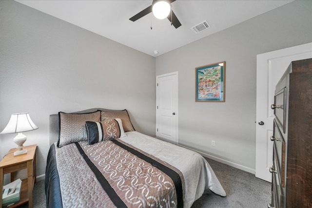 bedroom featuring carpet flooring, ceiling fan, and vaulted ceiling