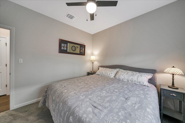 bedroom featuring carpet flooring, ceiling fan, and vaulted ceiling