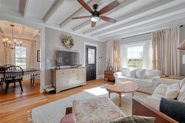 living room with ceiling fan with notable chandelier, beam ceiling, and light hardwood / wood-style floors