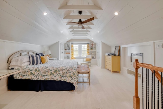 bedroom featuring ceiling fan, light wood-type flooring, wood ceiling, and vaulted ceiling