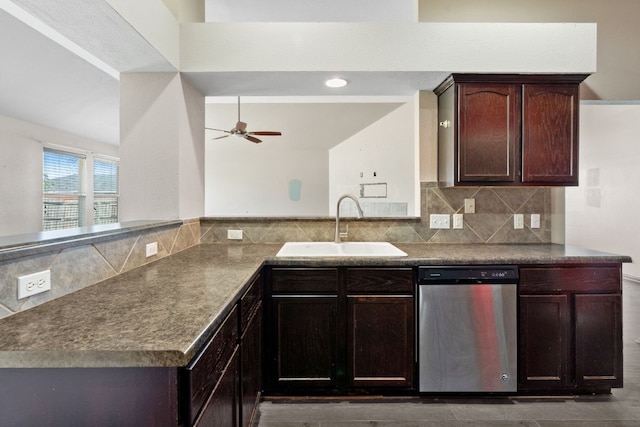 kitchen featuring kitchen peninsula, ceiling fan, dishwasher, and sink