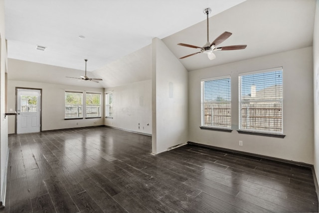 unfurnished living room with ceiling fan, dark wood-type flooring, and lofted ceiling