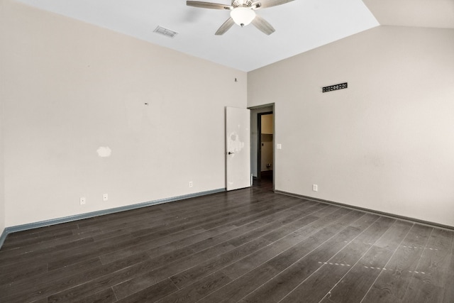 unfurnished room featuring lofted ceiling, ceiling fan, and dark hardwood / wood-style floors