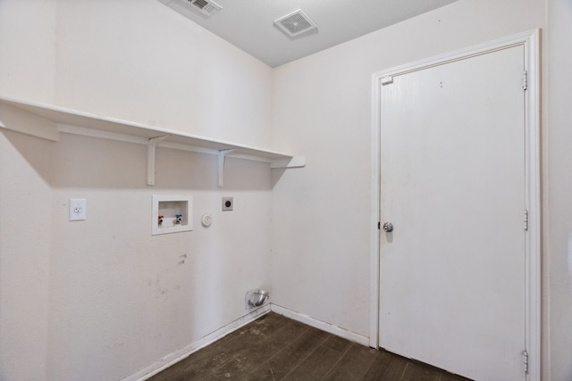 laundry room with hookup for an electric dryer, washer hookup, hookup for a gas dryer, and dark wood-type flooring