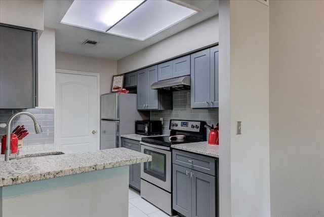 kitchen featuring sink, gray cabinets, appliances with stainless steel finishes, tasteful backsplash, and kitchen peninsula