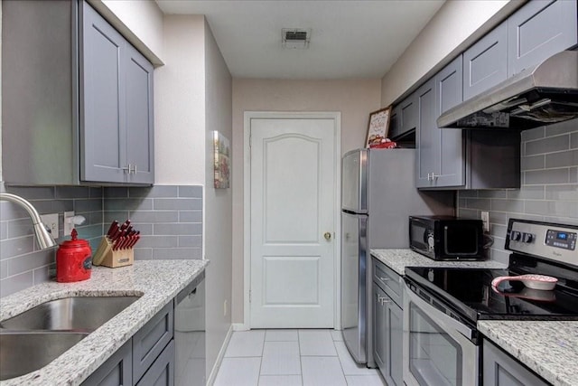 kitchen with gray cabinetry, stainless steel electric range, dishwasher, sink, and tasteful backsplash