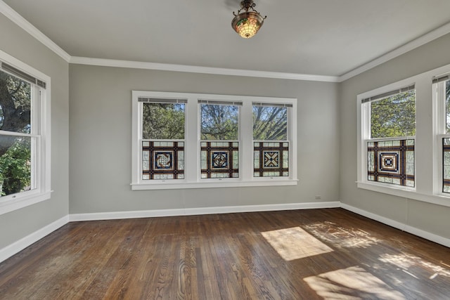 empty room featuring dark hardwood / wood-style floors and crown molding