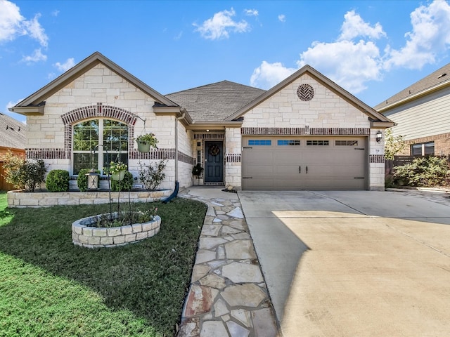 view of front of property featuring a front yard and a garage